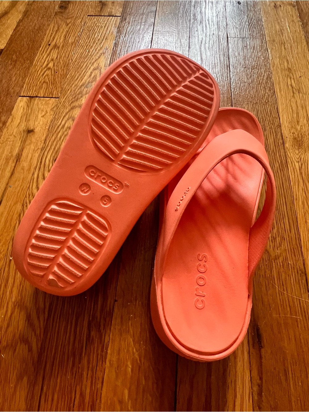CROCS Women's Coral-Orange Platform Thong Sandals - Picture 2 of 3